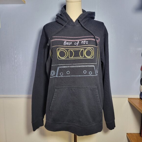 Port & Company Large Black "Best of 80's" Colorful Outlined Cassette Tape Hoodie - Picture 1 of 10
